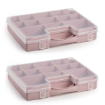 Forte Plastics 2x Stuks Opbergkoffertje/opbergdoos/sorteerboxen 13-vaks Kunststof Oud 27 X 20 X 3 Cm - Opbergbox - Roze