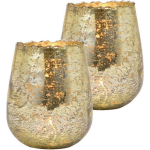Bellatio Design Set Van 2x Stuks Glazen Design Windlicht/kaarsenhouder Champagne 12 X 15 X 12 Cm - Waxinelichtjeshouders - Goud