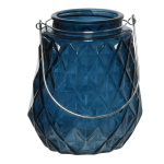 Decoris Theelichthouders/waxinelichthouders Ruitjes Glas Donker Met Metalen Handvat 11 X 13 Cm - Waxinelichtjeshouders - Blauw