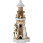 Houten/witte Vuurtoren Beeldje Met Led Lampjes 25 Cm Maritieme Decoratie - Beeldjes - Bruin