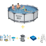 Bestway Zwembad - Steel Pro Max - 366 X 100 Cm - Inclusief Ways Onderhoudspakket, Filterpomp, Grondzeil & Safety Ladder - Grijs