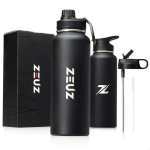 Zeuz® Premium Rvs Thermosfles & Drinkfles - Waterfles Met Rietje - Isoleerfles- 1200 Ml/ 1, 2 Liter- Mat - Zwart