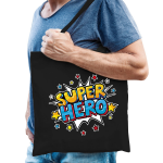 Bellatio Decorations Super Hero Popart Katoenen Tas Voor Volwassenen - Cadeau Tasjes - Feest Boodschappentassen - Zwart
