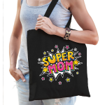 Bellatio Decorations Super Mom Popart Katoenen Tas Voor Dames - Cadeau Tasjes - Feest Boodschappentassen - Zwart