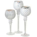 Luxe Glazen Design Kaarsenhouders/windlichten Set Van 3x Stuks Zilver/ Transparant 30-40 Cm - Windlichten - Silver