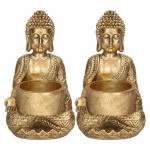 2x Decoratie Boeddha Beeldje Met Theelichthouder Goud Zittend 14 Cm - Waxinelichtjeshouders