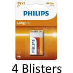 Philips 4 Stuks (4 Blisters A 1 St) Longlife 9v Batterijen