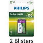 Philips 2 Stuks (2 Blisters A 1 St) Oplaadbare 9v Batterij - 170mah