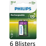 Philips 6 Stuks (6 Blisters A 1 St) Oplaadbare 9v Batterij - 170mah