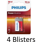 Philips 4 Stuks (4 Blisters A 1 St) Power Alkaline Batterij 9v