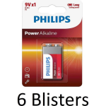 Philips 6 Stuks (6 Blisters A 1 St) Power Alkaline Batterij 9v