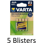 Varta 20 Stuks (5 Blisters A 4 St) Recharge Accu Recycled Aaa Oplaadbare Batterijen 800 Mah