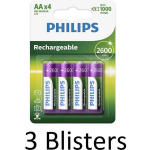 Philips 12 Stuks (3 Blisters A 4 St) Aa Oplaadbare Batterijen - 2500 Mah