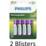 Philips 8 Stuks (2 Blisters A 4 St) Aa Oplaadbare Batterijen 2600mah