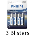 Philips 12 Stuks (3 Blisters A 4 St) Ultra Alkaline Aa Batterijen