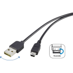 renkforce USB 2.0 Aansluitkabel [1x USB-A 2.0 stekker - 1x Mini-USB 2.0 B stekker] 1.80 m Stekker past op beide manieren, Vergulde steekcontacten, UL - Zwart