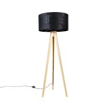 QAZQA Vloerlamp hout met stoffen kap 50 cm - Tripod Classic - Zwart