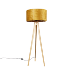 QAZQA Vloerlamp hout met stoffen kap goud 50 cm - Tripod Classic