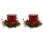 2x Kerststukje Rode Theelichthouders 8 Cm - Waxinelichtjeshouders - Rood