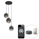 QAZQA Smart hanglamp zwart met smoke glas 3-lichts incl. Wifi ST64 - Pallon - Silver
