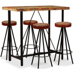 vidaXL Barset massief gerecycled hout, echt leer en canvas 5-delig - Bruin