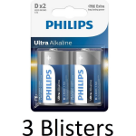Philips 6 Stuks (3 Blisters A 2 St) Ultra Alkaline D Cell Batterijen
