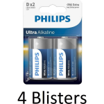 Philips 8 Stuks (4 Blisters A 2 St) Ultra Alkaline D Cell Batterijen