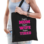 Bellatio Decorations Super Mom Wife Tired Katoenen Moeder Cadeau Tasje Voor Dames - Feest Boodschappentassen - Zwart