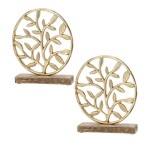 2x Stuks Decoratie Levensboom Rond Van Aluminium Op Houten Voet 25 Cm Goud - Beeldjes