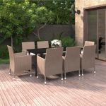 Vidaxl 9-delige Tuinset Met Kussens Poly Rattan En Glas - Bruin