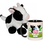Cadeau Set Kind - Koeien Knuffel 15 Cm En Drinkbeker/mok Koe 300 Ml - Knuffel Boederijdieren