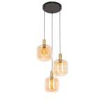 QAZQA Design hanglamp zwart met messing en amber glas 3-lichts - Zuzanna - Oranje