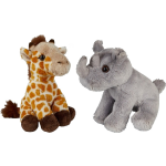 Safari Dieren Serie Pluche Knuffels 2x Stuks - Neushoorn En Giraffe Van 15 Cm - Knuffeldier - Grijs