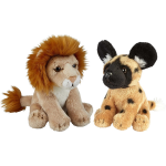 Safari Dieren Serie Pluche Knuffels 2x Stuks - Wilde Hond En Leeuw Van 15 Cm - Knuffeldier - Grijs