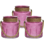 Lumineo 3x Stuks Windlichten/lantaarns Relief - Glas - D14 X H16 Cm - Fuchsia Roze - Windlichten