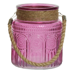 Lumineo Windlicht/lantaarn Met Relief - Glas - D14 X H16 Cm - Fuchsia - Windlichten - Roze