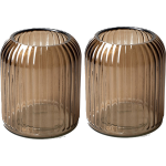 Jodeco Set van 2x stuks bloemenvaas - striped licht/transparant glas - H13 x D11 cm - Vazen - Bruin