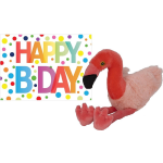 Pluche knuffel flamingo 32 cm met A5-size Happy Birthday wenskaart - Vogel knuffels - Roze