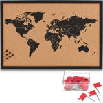 Zeller Prikbord wereldkaart met 20x punaise vlaggetjes - 60 x 40 cm - kurk - Prikborden - Bruin