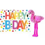 Aurora Pluche knuffel flamingo 20 cm met A5-size Happy Birthday wenskaart - Vogel knuffels - Roze