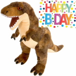 Wild Republic Pluche knuffel Dino T-rex van 25 cm met A5-size Happy Birthday wenskaart - Knuffeldier - Bruin