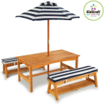 Kidkraft Buitenset Van Tafel En Bankjes + Kussens En Parasol - Marineblauw Mette Strepen - Bruin