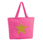 Bellatio Decorations Gouden ster glitter shopper tas - fuchsia - 47 x 34 x 12,5 cm - boodschappentas / strandtas - Roze
