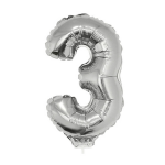 Zilveren opblaas cijfer ballon 3 op stokje 41 cm - Silver