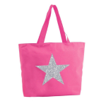 Bellatio Decorations Zilveren ster glitter shopper tas - fuchsia - 47 x 34 x 12,5 cm - boodschappentas / strandtas - Roze