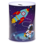 e spaarpot ruimte 7.5 x 10 cm - Blikken/metalen spaarpotten ruimte raket astronaut - Blauw