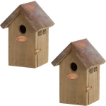 2x Houten vogelhuisjes/nestkastjes winterkoning koperen dak - Tuindecoratie vogelnest nestkast vogelhuisjes - tuindieren - Bruin