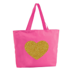 Bellatio Decorations Gouden hart glitter shopper tas - fuchsia - 47 x 34 x 12,5 cm - boodschappentas / strandtas - Roze