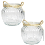 Bela Arte Set van 2x stuks glazen ronde windlichten Ribbel 2 liter met touw hengsel/handvat 15 x 14,5 cm - 2000 ml - Kaarsen/Waxinelicht