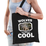 Bellatio Decorations Dieren Wolf Katoenen Tasje Volw + Kind - Wolfs Are Cool Boodschappentas/ Gymtas / Sporttas - Cadeau Wolven Fan - Zwart